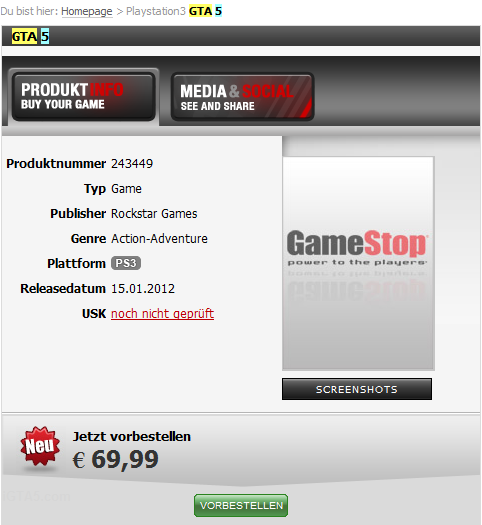 GameStop.de GTA 5 listing